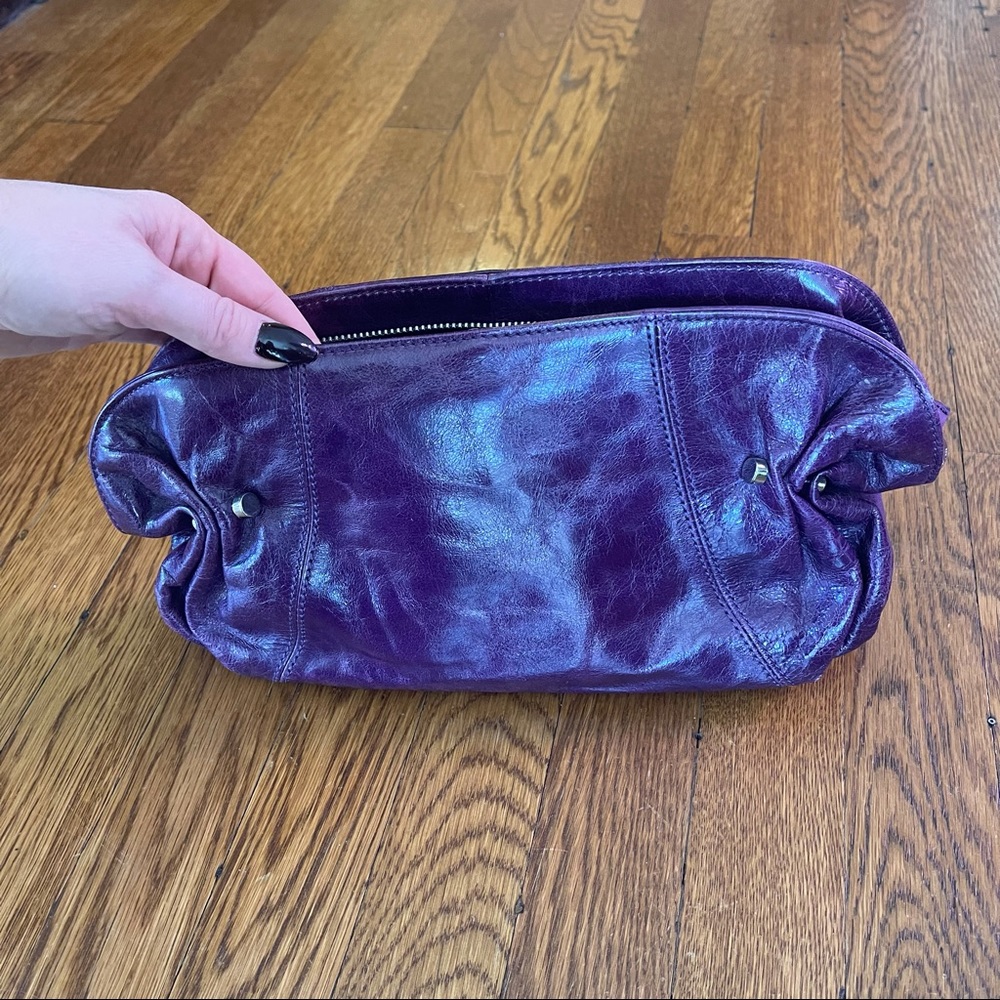 Purple Leather Christopher Kon Zip Clutch with Silver Barbell Details